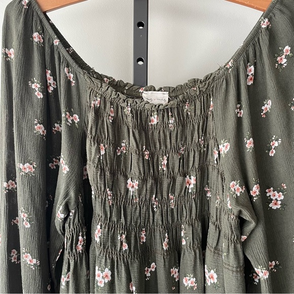 Lovely Melody Off Shoulder Floral Smocked Long Sleeve Green Mini Dress - Picture 7 of 11